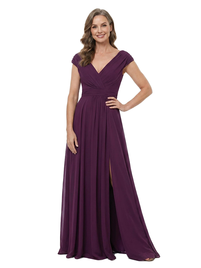 ChicSew V-Neck Cap Sleeve Chiffon A-Line Floor-Length Mother of the Bride Dress With Slit