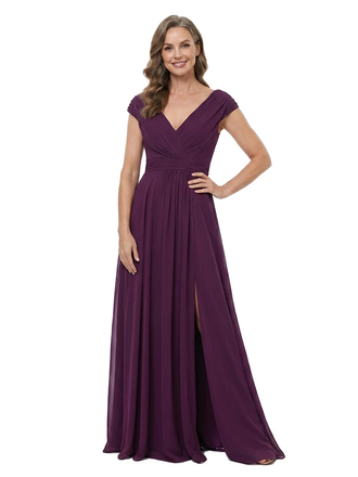 ChicSew V-Neck Cap Sleeve Chiffon A-Line Floor-Length Mother of the Bride Dress With Slit