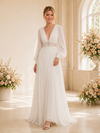ChicSew Elegant V-Neck Long Sleeves A-Line Open Back Long Wedding Dresses With Lace Appliques