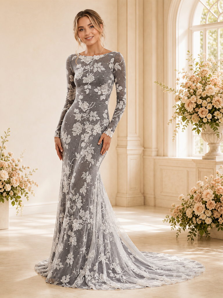 ChicSew Unique Mermaid Lace Applique Tulle Jewel Long Sleeves Maxi Wedding Dress