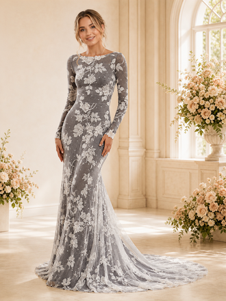 ChicSew Unique Mermaid Lace Applique Tulle Jewel Long Sleeves Maxi Wedding Dress