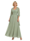 Classy Mother of The Groom Dress V-Neck Lace Applique Chiffon Long Flowy Evening Gown