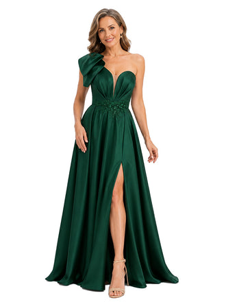 ChicSew Modern One Shoulder Satin A-Line Slit Formal Evening Gown For Mother Of The Groom With Applique