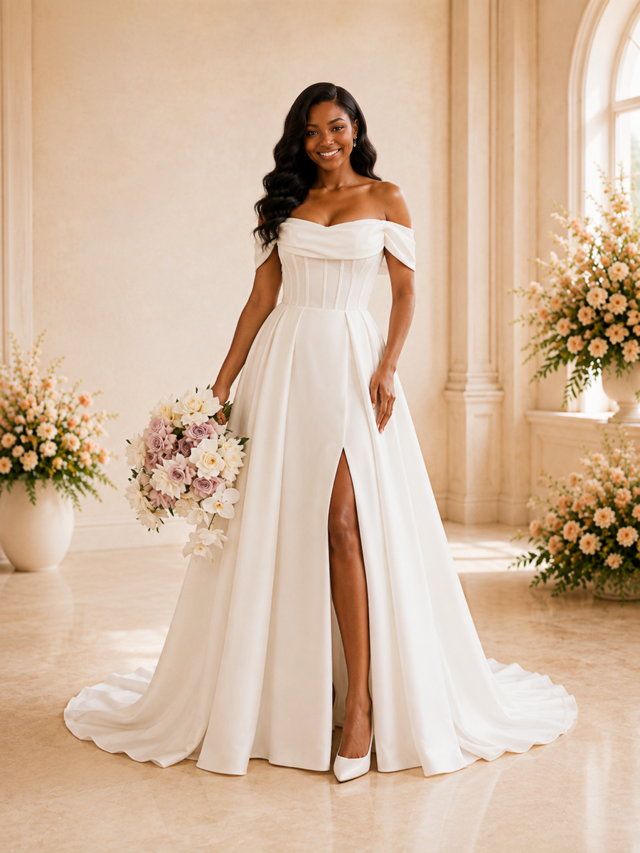 ChicSew Fancy Off The Shoulder Boning Side Slit A-Line Satin Maxi Wedding Dress