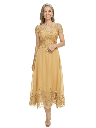 ChicSew Illusion Short Sleeve Lace Applique A Line Tea-Length Tulle Modern Mother of the Bride Dresses