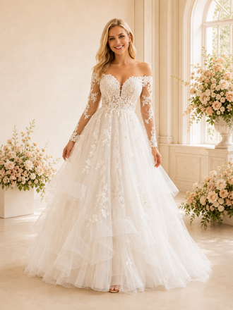 ChicSew Modern A-Line Lace Tulle V-Neck Long Sleeves Tiered Maxi Wedding Dresses