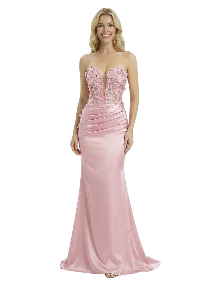 ChicSew Fancy Applique Ruched Prom Gown Sweetheart Satin Mermaid Party Dress