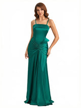 Sexy Spaghetti Straps Silky Satin Mermaid Long Evening Gown Dresses For Women