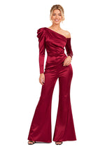 ChicSew Modern One Shoulder Long Sleeve Soft Satin Bridesmaid Jumpsuit With Ruched Design