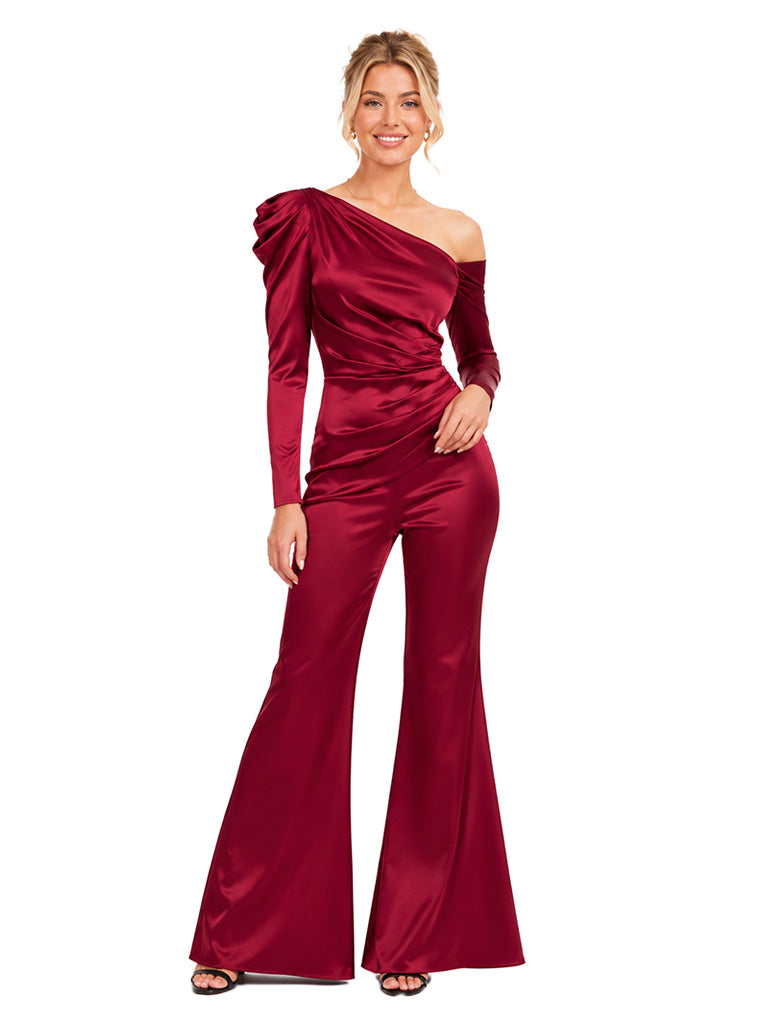 ChicSew Modern One Shoulder Long Sleeve Soft Satin Bridesmaid Jumpsuit With Ruched Design