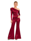 ChicSew Modern One Shoulder Long Sleeve Soft Satin Bridesmaid Jumpsuit With Ruched Design