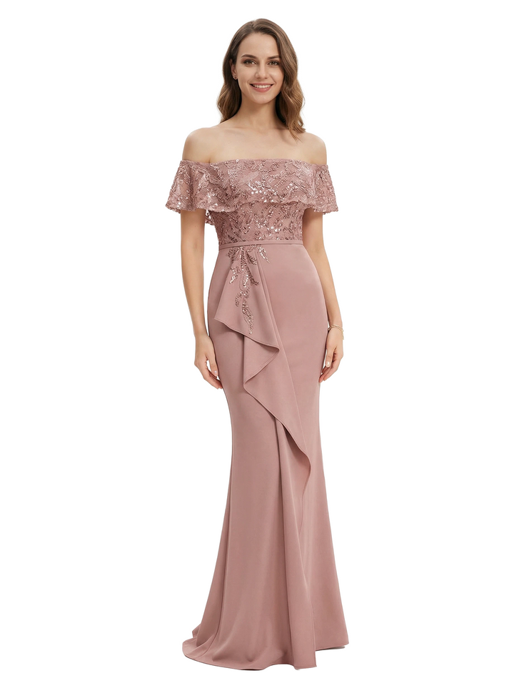 Chicsew Fancy Chiffon Off Shoulder Mother of The Bride Dress Mermaid Sequin Lace Maxi Gown