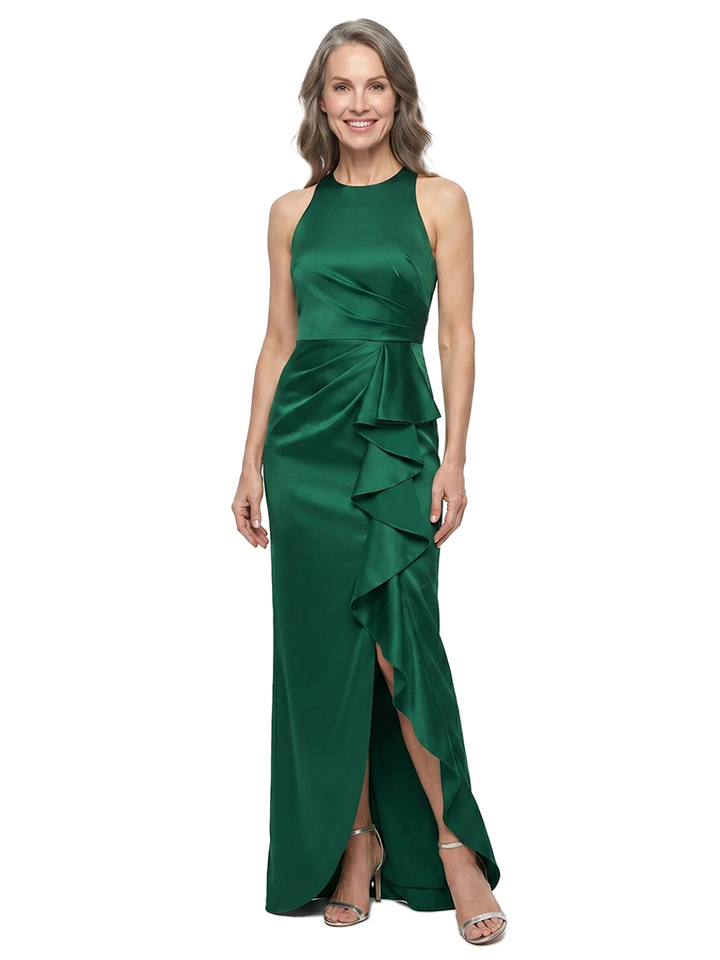 ChicSew Jewel Sleeveless Satin Floor Length Slit Mermaid Mother of The Bride Dress With Tiered Ruffle