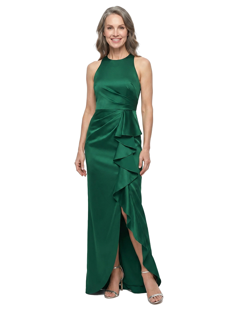 ChicSew Jewel Sleeveless Satin Floor Length Slit Mermaid Mother of The Bride Dress With Tiered Ruffle