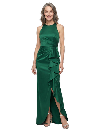 ChicSew Jewel Sleeveless Satin Floor Length Slit Mermaid Mother of The Bride Dress With Tiered Ruffle