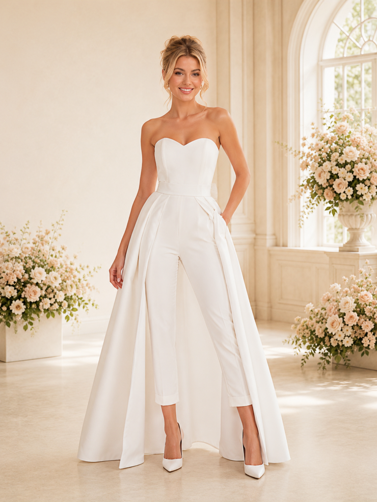 ChicSew Modern Sweetheart Sleeveless Crepe Tea-Length Wedding Jumpsuit With Overskirt