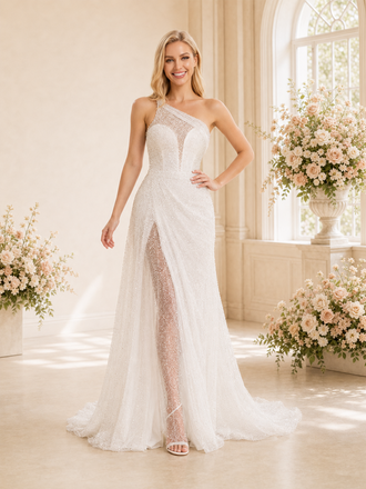 ChicSew Elegant One Shoulder A-line Glitter Tulle Side Slit Long Wedding Dresses