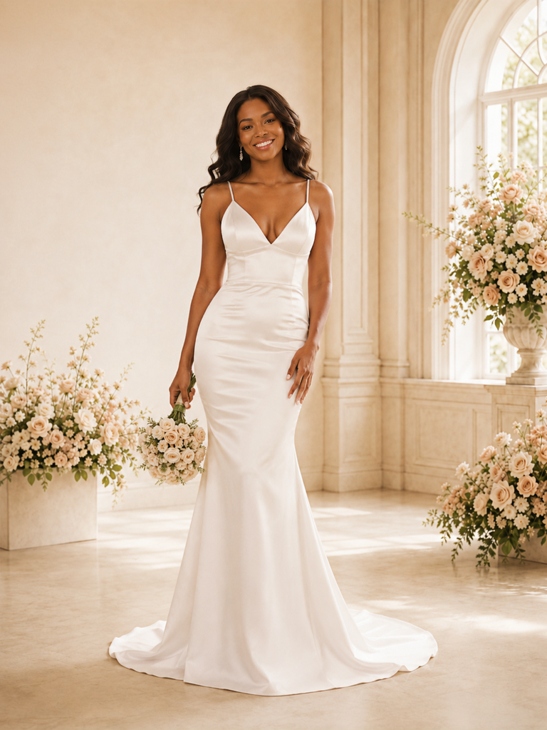 ChicSew Simple Spaghetti Straps Satin Mermaid Floor-Length Wedding Dress