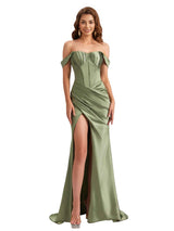 Sexy Off The Shoulder Silky Satin Mermaid Side Slit Long Bridesmaid Dresses Online