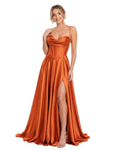 ChicSew Classy Boning Spaghetti Straps Soft Satin A-Line Bridesmaid Dress With Side Slit
