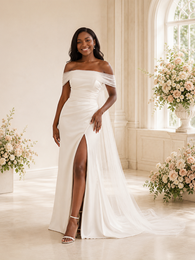 ChicSew Elegant Off The Shoulder Satin Tulle Mermaid Maxi Long Wedding Dress With Side Slit