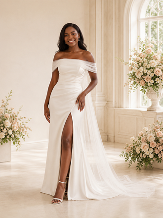 ChicSew Elegant Off The Shoulder Satin Tulle Mermaid Maxi Long Wedding Dress With Side Slit