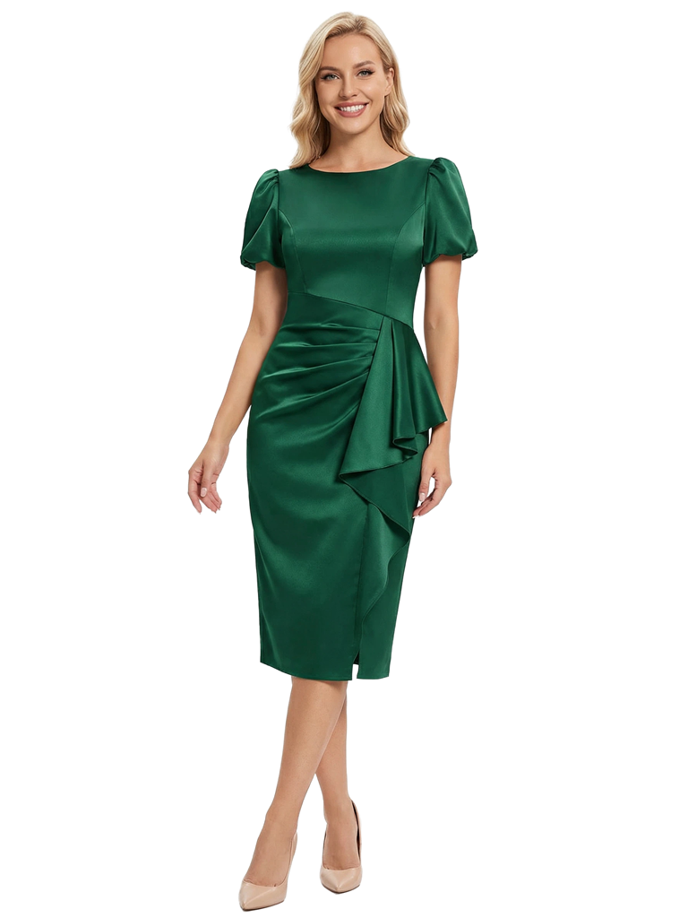 Chicsew Elegant Jewel Puff Sleeves Ruffle Satin Sheath Mother Of The Bride Dresses