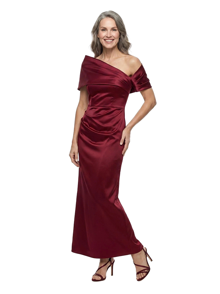 ChicSew Cape Sleeves Ruched Satin Ankle-Length Sheath Mother of the Bride Dress