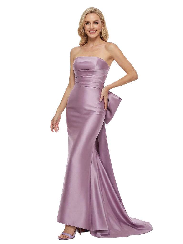 Sexy Sleeveless Straight Across Ruched Bow Knot Floor-Length Satin Mother Of The Bride Dresses