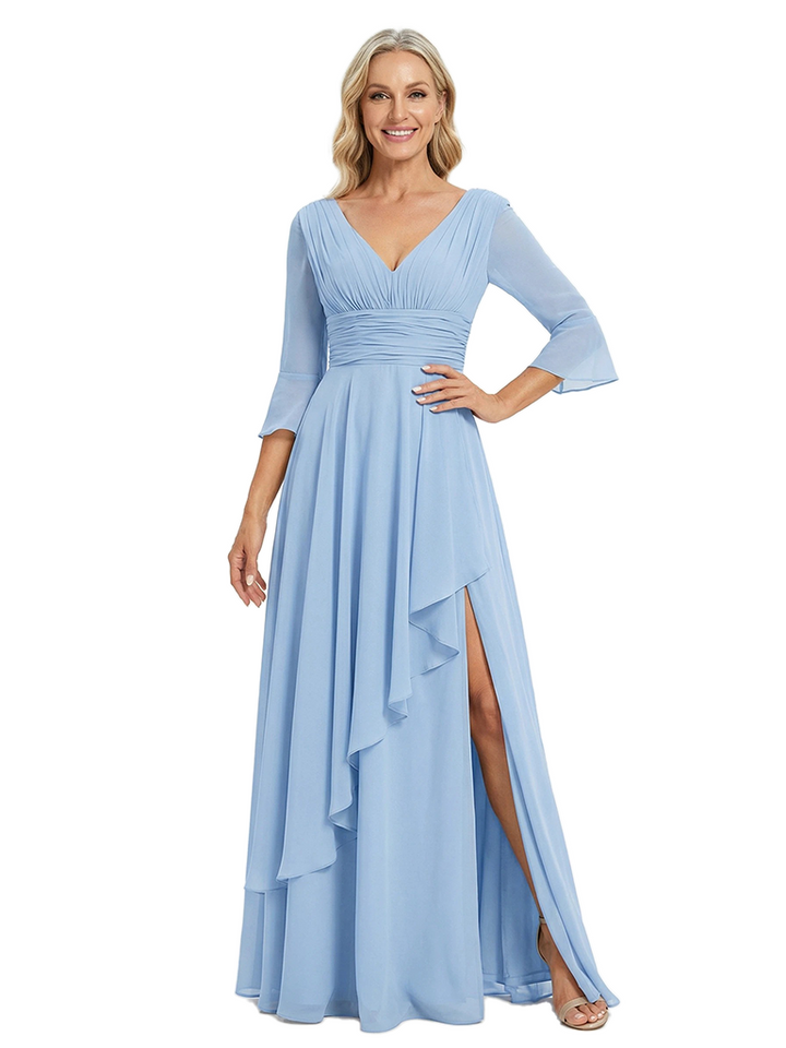 ChicSew V-Neck Long Sleeves Ruffle Mother Of The Bride Gown Chiffon A-Line With Slit