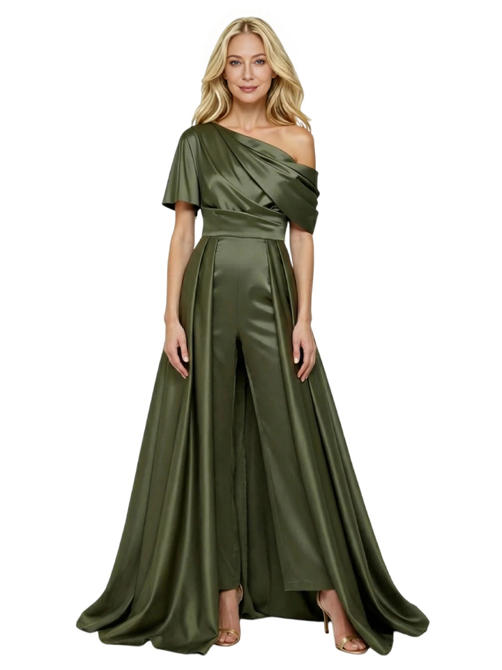 Elegant Asymmetric Straps Satin Pantsuit For Mother Of The Bride Overskirt