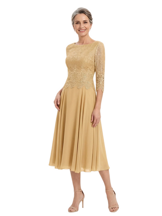 ChicSew Stunning Lace Top Chiffon A-Line Mother Of The Bride Dresses Tea-Length With Half Sleeves