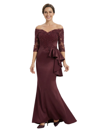 Chicsew Mother of The Groom Dress Off Shoulder 3/4 Sleeve Lace Satin Trumpet Maxi Gown Fancy Ruffled