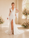 ChicSew Fancy V-Neck Long Sleeves Crepe Mermaid Wedding Dresses With Side Slit