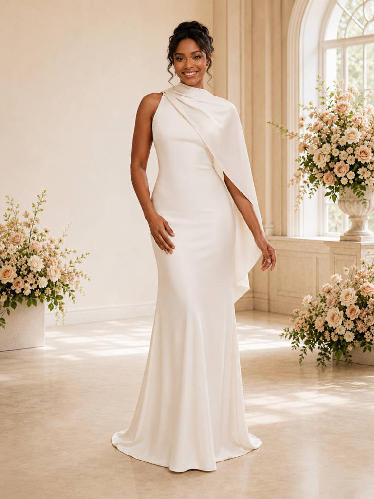 ChicSew Unique Sleeveless Satin Mermaid Floor-Length Wedding Dress With Cape