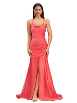 Elegant Spaghetti Straps Slit Mermaid Soft Satin Long Bridesmaid Dresses Online