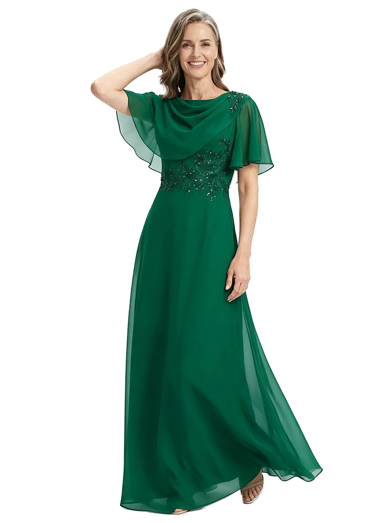 ChicSew Round Neck Flutter Sleeve Beaded Lace Applique Floor Length Chiffon Elegant Mother of the Bride Dresses