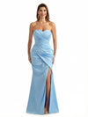 Elegant Sweetheart Mermaid Silky Ruched Satin Long Formal Dresses Strapless Side Slit