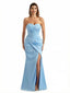 Elegant Sweetheart Mermaid Silky Ruched Satin Long Formal Dresses Strapless Side Slit