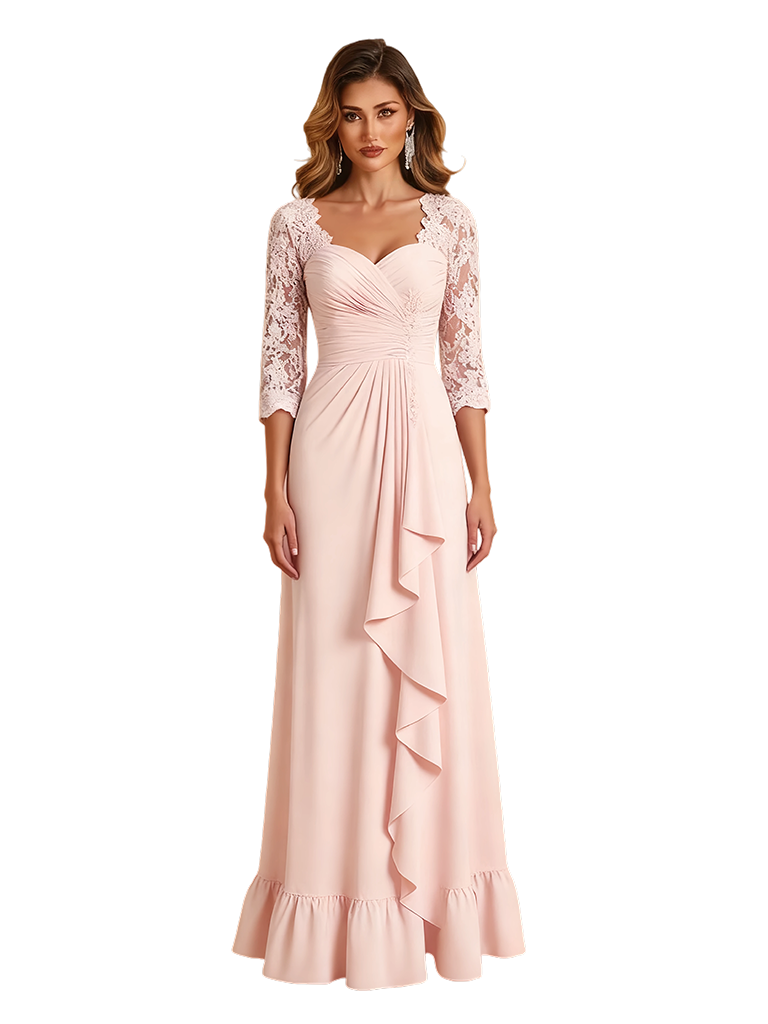 Elegant 3/4 Sleeves Ruffle Chiffon A-Line Ruched Long Mother of The Bride Dresses