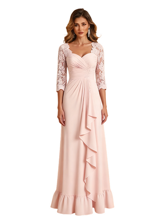 Elegant 3/4 Sleeves Ruffle Chiffon A-Line Ruched Long Mother of The Bride Dresses