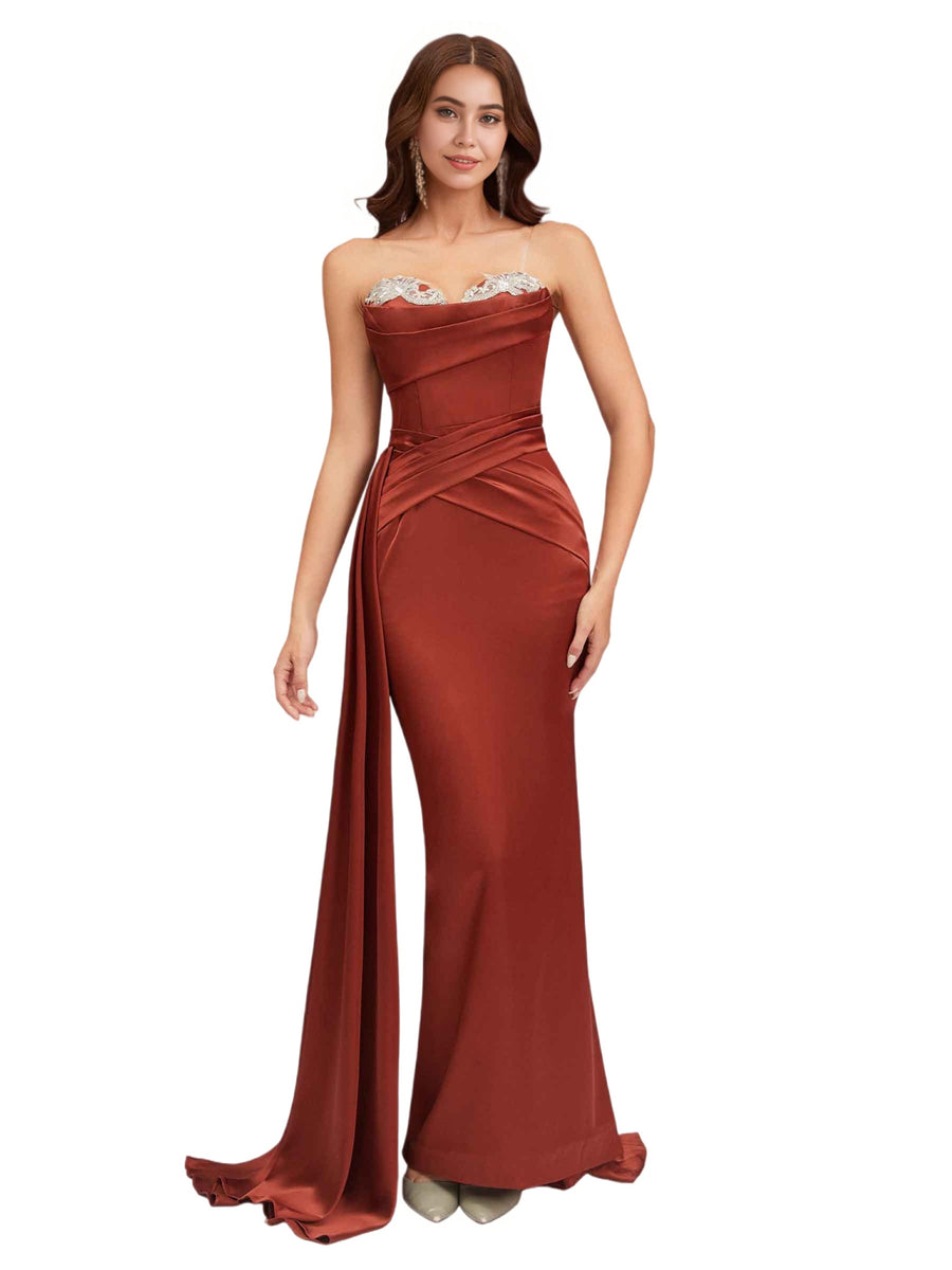 Elegant Sweetheart Silky Satin Lace Mermaid Side Slit Long Bridesmaid Dresses