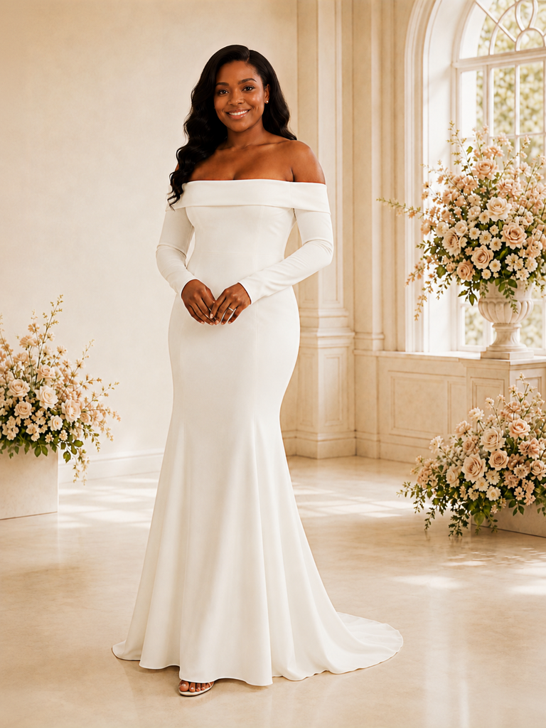 ChicSew Elegant Mermaid Off The Shoulder Long Sleeves Crepe Maxi Wedding Dress
