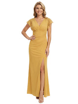 Elegant V-Neck Cap Sleeves Side Slit Mermaid Chiffon Mother Of The Bride Dress