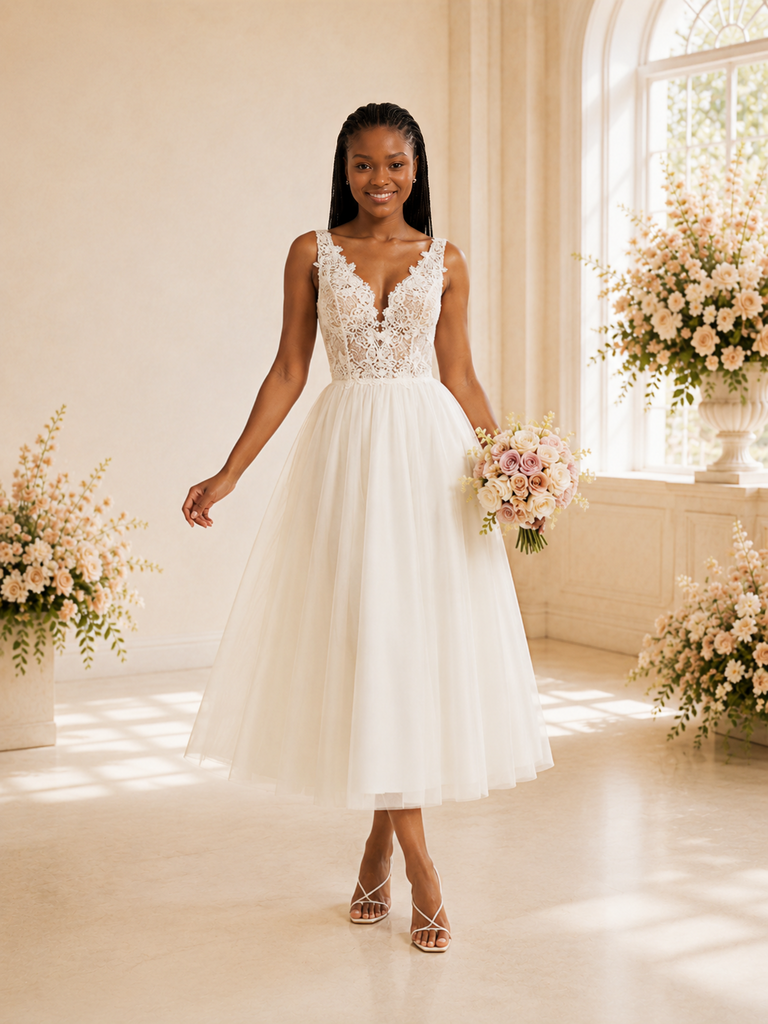ChicSew Modern A-Line V-Neck Sleeveless Lace Tulle Tea-Length Wedding Dress