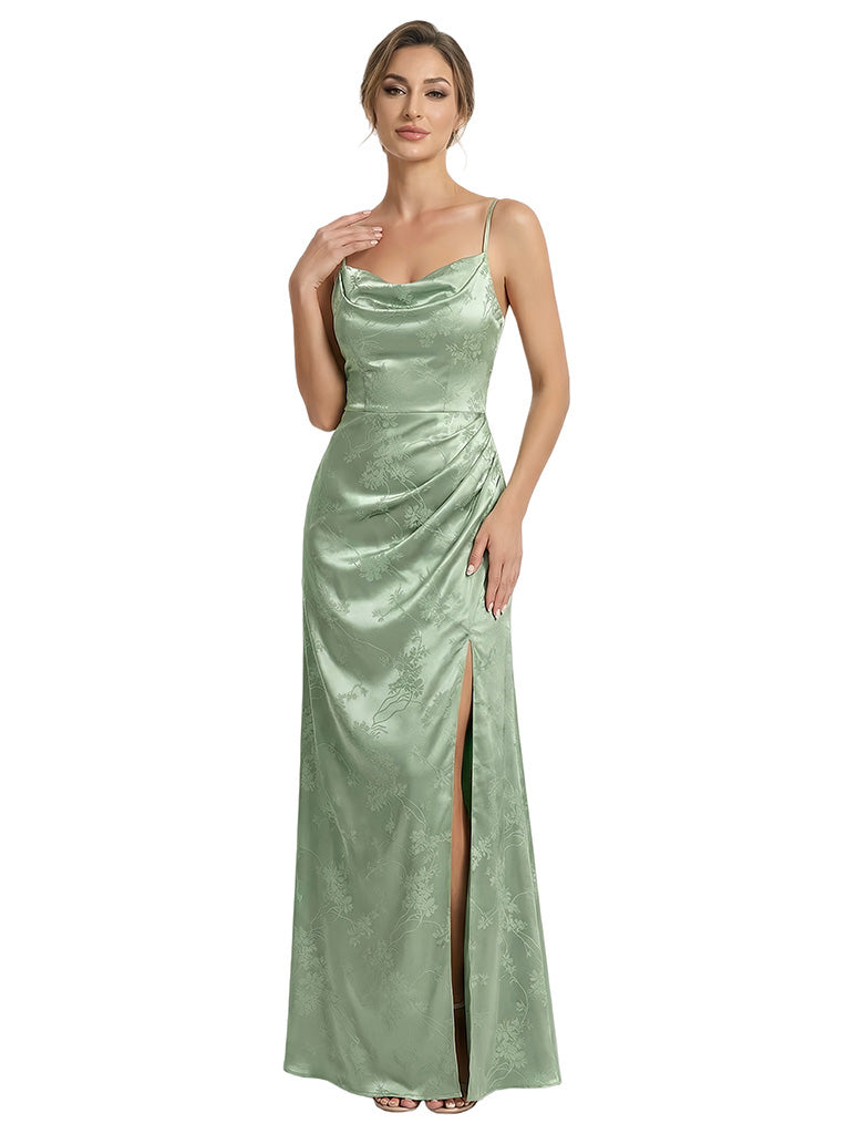 Elegant Jacquard Satin Spaghetti Straps Mermaid Long Formal Evening Dresses