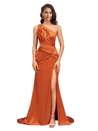 Sexy Mermaid One Shoulder Side Slit Beauty Long Soft Satin Bridesmaid Dresses Online