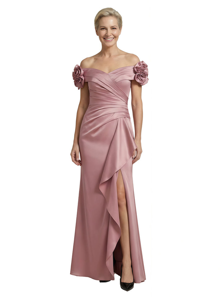 Mother Of The Groom Off Shoulder Side Slit Satin Mermaid Ruched Formal Bride Mother Wear