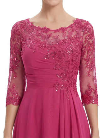 Chicsew Pretty Scoop 3/4 Sleeve Lace Sequin Mother of The Groom Dress Asymmetric Midi Chiffon Gown