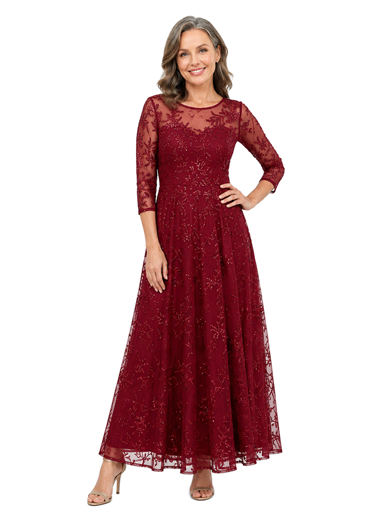 ChicSew Elegant 3/4 Sleeve Illusion Lace A-Line Ankle-Length Dress For Mother Of The Bride